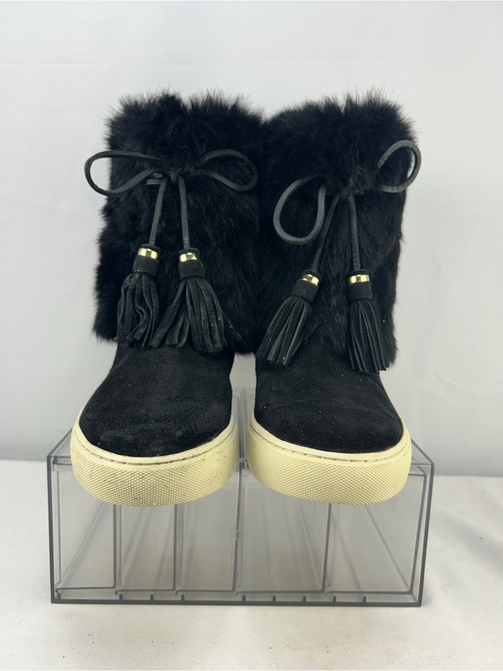 TORY BURCH Angelica Black Suede Sneaker Boots Fur Tassel Size 11